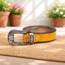 Unisex Premium Yellow Genuine Leather Belt Vintage Engraved Silver Buckle Image 4