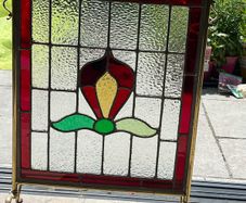 Vintage brass& leaded glass fire screen and brass accessories