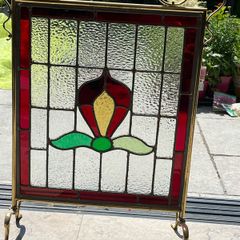 Vintage brass& leaded glass fire screen and brass accessories
