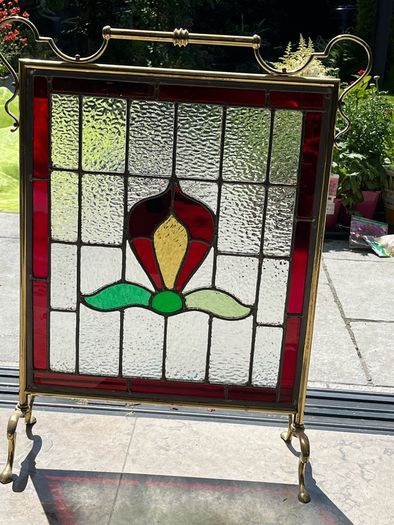 Vintage brass& leaded glass fire screen and brass accessories
