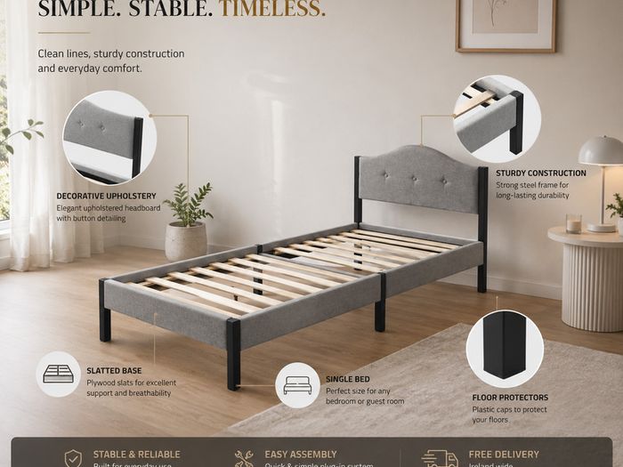 Single Bed with Mattress  Grey Upholstered