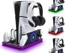 PS5 Slim Stand and Cooling Station with RGB LED Controller Charging Station for Playstation 5, PS5 Controller Charger for Dual Sense & Edge Controller, PS5 / PS5 Slim Accessories Cooling Black