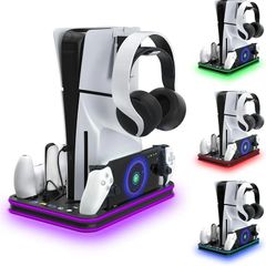 PS5 Slim Stand and Cooling Station with RGB LED Controller Charging Station for Playstation 5, PS5 Controller Charger for Dual Sense & Edge Controller, PS5 / PS5 Slim Accessories Cooling Black