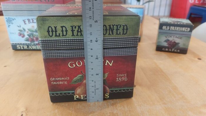 Fabulous Set of Four Graduated Stackable Nesting Storage Boxes by Quality Manufacturer Bob's Boxes/Lang Paper Co. with "Fancy Fruits" Artwork by Kimberly Poloson