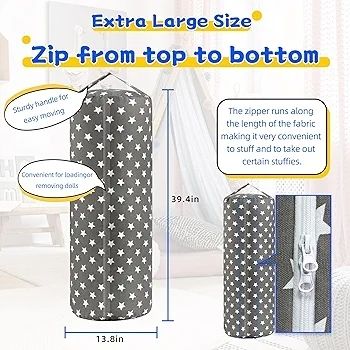 Stuffed Animal Storage Bean Bag Cover for Kids Plush Toys Organizer Bags for Boys and Girls A Full-length Zipper Cylinder Room Furniture Decor - Organize, Sit, Play & Box (Grey Stars)
