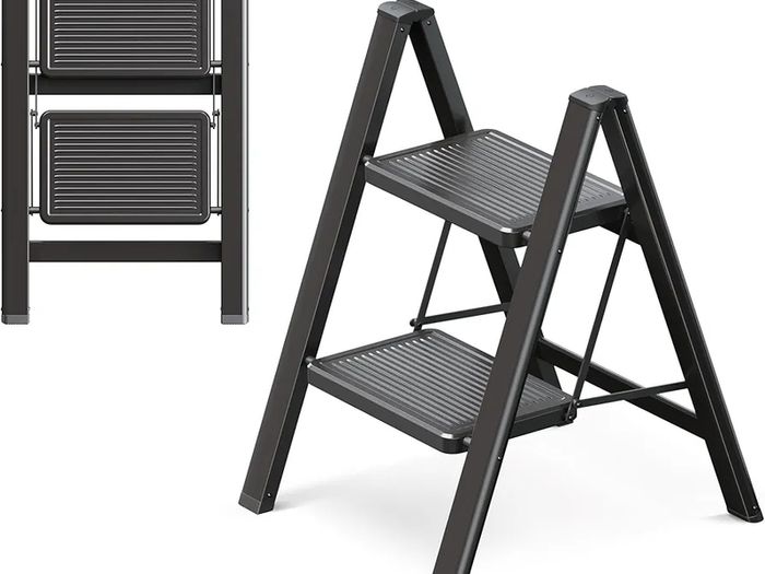 2 Step Ladder, 2 Step Stool for Adults, Folding Step Ladder with Secure Footing, Widened Pedal, Aesthetically Pleasing Looking, Blends Right into Domestic Rooms, Black