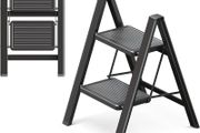 2 Step Ladder, 2 Step Stool for Adults, Folding Step Ladder with Secure Footing, Widened Pedal, Aesthetically Pleasing Looking, Blends Right into Domestic Rooms, Black