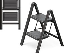 2 Step Ladder, 2 Step Stool for Adults, Folding Step Ladder with Secure Footing, Widened Pedal, Aesthetically Pleasing Looking, Blends Right into Domestic Rooms, Black