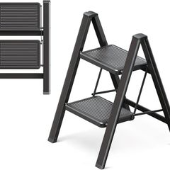 2 Step Ladder, 2 Step Stool for Adults, Folding Step Ladder with Secure Footing, Widened Pedal, Aesthetically Pleasing Looking, Blends Right into Domestic Rooms, Black