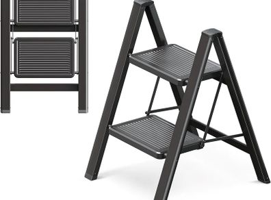 2 Step Ladder, 2 Step Stool for Adults, Folding Step Ladder with Secure Footing, Widened Pedal, Aesthetically Pleasing Looking, Blends Right into Domestic Rooms, Black