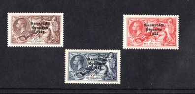 1935 Ireland 2s6d Chocolate, 5s red & 10s indigo Waterloo re-engraved Stamp Overprint in Black Mint Hinged (MH)