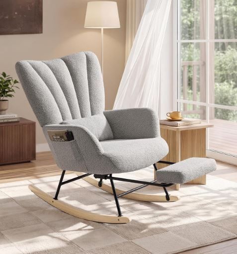 Rocking Chair Removable Cushion Side Pockets Wooden Legs Dove Grey