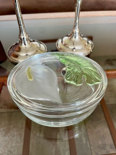 Vintage Calla Lily Oval Glass Lidded Dish Keepsake Box France