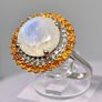 Rainbow Moonstone, Fire Opal, White Zircon Double Halo Ring in Rhodium Overlay Sterling Silver. Image 5