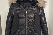 black quilted  jacket with fur hood from river island