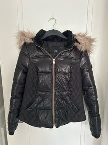 black quilted  jacket with fur hood from river island