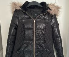 black quilted  jacket with fur hood from river island