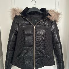 black quilted  jacket with fur hood from river island