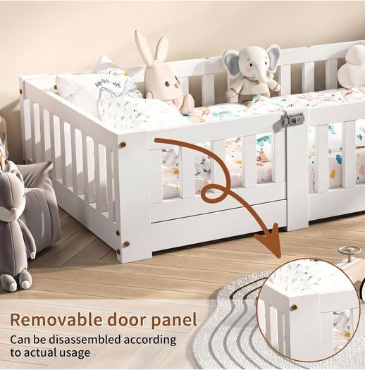 190x90 cm Toddler Floor Bed,3ft Montessori Floor Bed with Rails & Lockable Door,Single Children's Beds for Toddlers,Kids,Fall Protection Including Slatted Frame,White Solid Pine