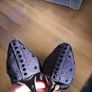 designer bourne stilettos purple tweed peep toe with black rhinestones and patent detail Image 3