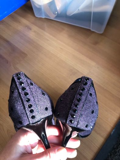 designer bourne stilettos purple tweed peep toe with black rhinestones and patent detail
