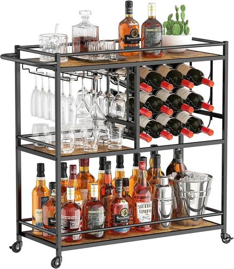 Drink Trolley, Bar Cart with Lockable Wheels, 12 Wine Rack and 3 Rows Glass Holders, Kitchen Serving Cocktail Alcohol Trolley for Dining Livingroom, 3 Tier, 80.2 x 33.2 x 86 cm, Rustic Brown