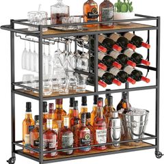 Drink Trolley, Bar Cart with Lockable Wheels, 12 Wine Rack and 3 Rows Glass Holders, Kitchen Serving Cocktail Alcohol Trolley for Dining Livingroom, 3 Tier, 80.2 x 33.2 x 86 cm, Rustic Brown
