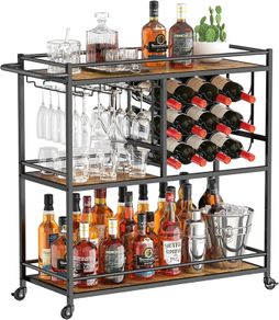 Drink Trolley, Bar Cart with Lockable Wheels, 12 Wine Rack and 3 Rows Glass Holders, Kitchen Serving Cocktail Alcohol Trolley for Dining Livingroom, 3 Tier, 80.2 x 33.2 x 86 cm, Rustic Brown