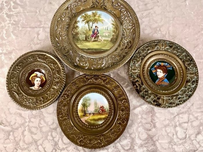 Set of 4 Antique French Brass/Hand-Painted Porcelain Wall Plaques