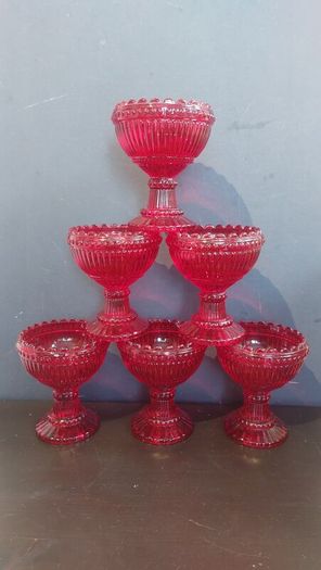 Fabulous Vintage Retro Set of Six Matching Red Sundae Glasses with a Relief Pattern Very Similar to the Very Popular Iittala Marimekko Maribowl Glasses in Cranberry - Perfect for Halloween