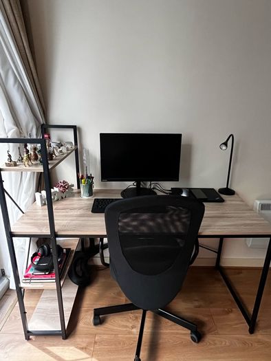 Home office desk + office chair + desk lamp