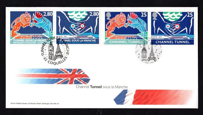 1994 Great Britain & France dual issue Channel Tunnel Commemorative Stamp First Day Cover (FDC).
