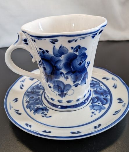 Vintage Russian Gzhel Porcelain Teacup Saucer Katerina Cobalt Blue Stamp