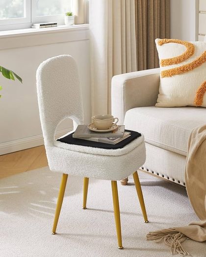 Small Storage Vanity Stool with Folding Backrest, 12.99" x 13.78" x 31.5" Square Teddy Velvet Ottoman, Makeup Chair for Living Room, 4 Metal Legs with Anti-Slip Feet, White