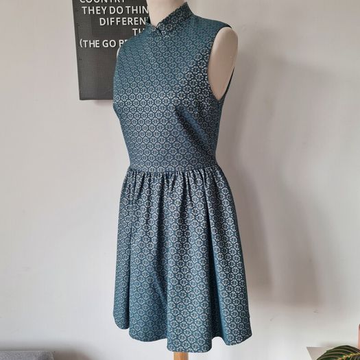 Topshop Boutique vintage retro peacock blue antique gold fit and flare mini dress formal S M 10
