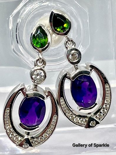 AAA African Amethyst, Natural Chrome Diopside & White Zircon Dangling Push Back Earring in Rhodium Overlay Sterling Silver