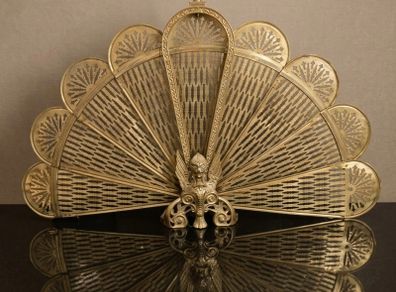 Vintage Solid Brass Folding Fireplace Fan Guard / Hearth Screen