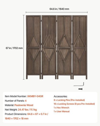 Wood Room Divider 4 Panels Wood Folding Privacy Screen Y Pattern, For Room Separation & Home Decor,1702 mm Tall, Solid Frame, 360 Two-Way Hinges, Rustic Wooden Partition with Hardware