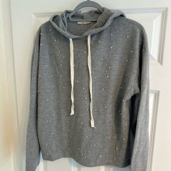 Zara Trafaluc Women's Grey Hoodie with Pearl Detail - Size small