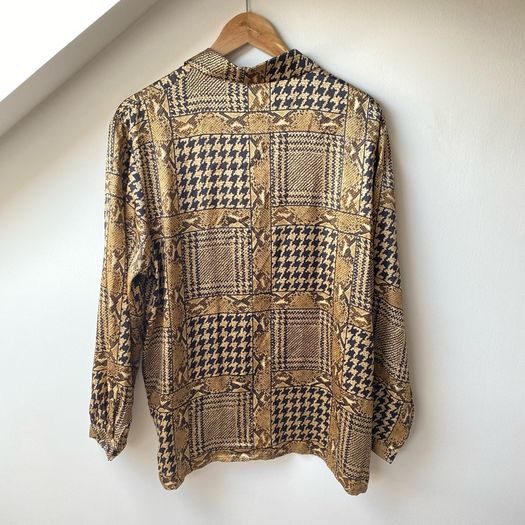 Vintage JAEGER 100% Silk Patchwork Blouse Houndstooth & Snakeskin Print L