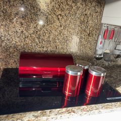 bread bin and tea canisters