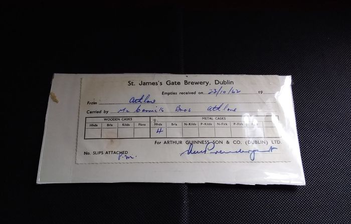 Guinness : St. James's Gate Brewery , Dublin - 1962 , Delivery Docket - Athlone