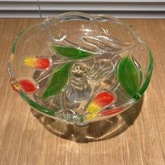 Footed Glass Fruit Bowl with Painted Red & Yellow Tulips