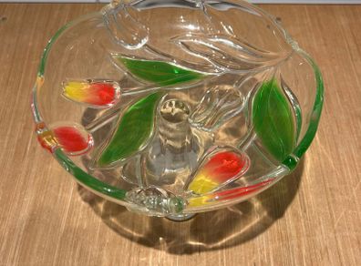 Footed Glass Fruit Bowl with Painted Red & Yellow Tulips