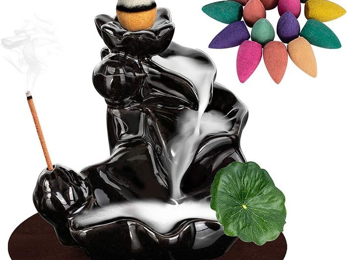 Waterfall Incense Holder Backflow Cone Ceramic Burner Handcrafted Porcelain Censer Incense Stick Stand with 20 Cones