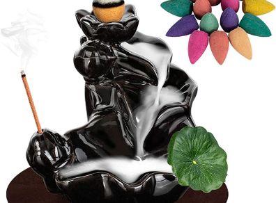 Waterfall Incense Holder Backflow Cone Ceramic Burner Handcrafted Porcelain Censer Incense Stick Stand with 20 Cones
