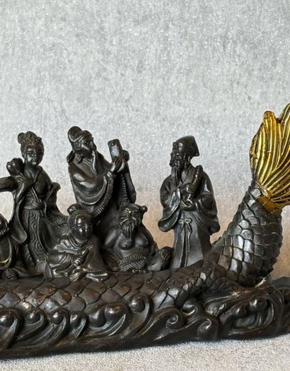 Antique Eight Immortals Dragon Boat - Patinated Bronze, Gold Accents, Signed