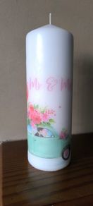 XL decoupage decorative wedding day pillar candle gift