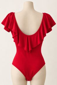 Red Ruffle Bodysuit Feminine Going Out Top
