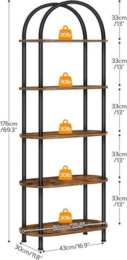 5-Tier Bookshelf, Bookcase with Metal Frame, Floor Standing Book Shelf, Arched Storage Shelf for Living Room, Office, 43 x 30 x 176 cm, Rustic Brown and Black